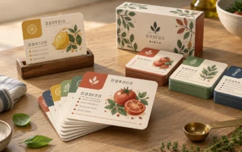 Warm tabletop scene of a custom recipe card deck with rounded illustrated cards in wooden holders and neat stacks, beside a floral tuck box, tomatoes, herbs, bowls, and a measuring spoon.