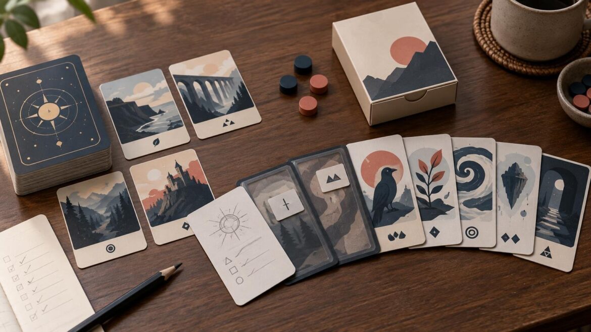 Editorial tabletop scene with illustrated prototype cards, a large deck, loose wooden counters, a small landscape-art box, sketch sheets, and a pencil arranged on a wooden table.