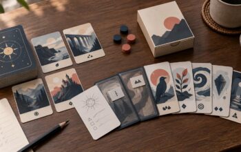 Editorial tabletop scene with illustrated prototype cards, a large deck, loose wooden counters, a small landscape-art box, sketch sheets, and a pencil arranged on a wooden table.