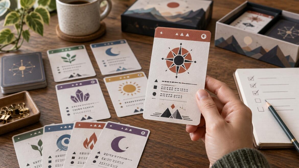 A hand holds an illustrated prototype card above a wooden table with several color-coded cards, stacked decks, open card boxes, a checklist notebook, pencil, coffee mug, and paper clips.