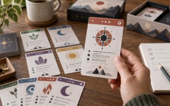 A hand holds an illustrated prototype card above a wooden table with several color-coded cards, stacked decks, open card boxes, a checklist notebook, pencil, coffee mug, and paper clips.