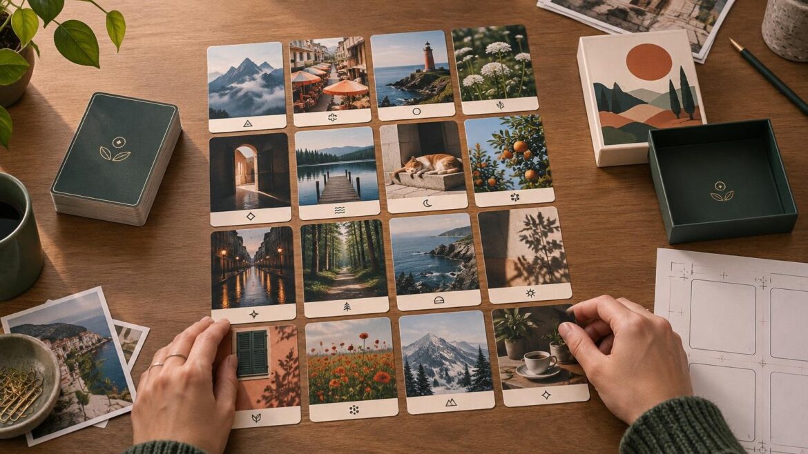 Overhead view of hands arranging a grid of photo-illustrated cards on a wooden table beside a stacked deck, open dark-green card box, printed card layout sheet, photographs, pencil, and cups.