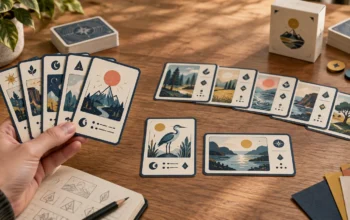 Designer holding a fan of illustrated portrait cards beside a tabletop spread of portrait and landscape cards, card stacks, a small deck box, color swatches, and sketchbook notes.
