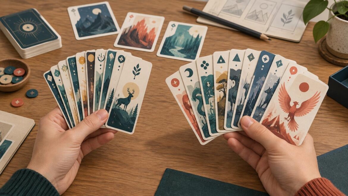 Two hands hold wide fans of illustrated fantasy-style cards over a wooden tabletop, with a stacked deck, game tokens, sketchbook, pencil, and plant nearby.