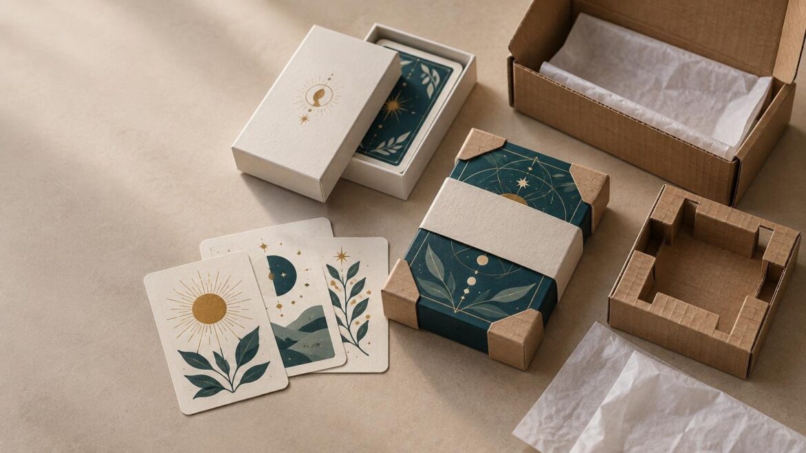 Overhead editorial image of illustrated custom card decks, a white two-piece card box, corner protectors, a paper sleeve, tissue paper, and open corrugated shipping mailers arranged on a beige tabletop.